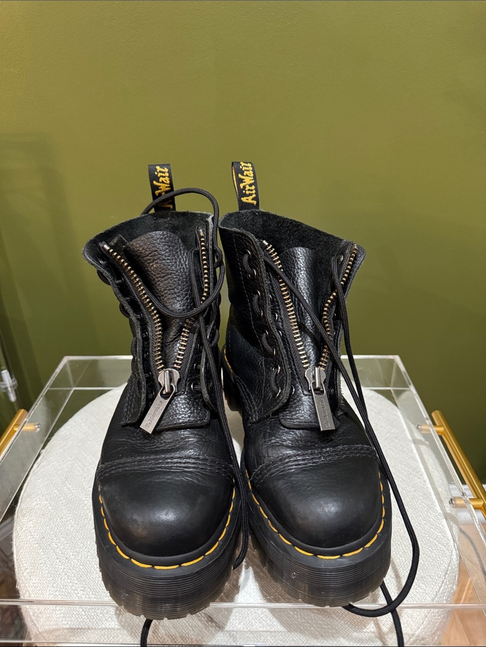 Dr. Martens Black Sinclair Zip-Front Platform Combat Boots with Yellow Stitching